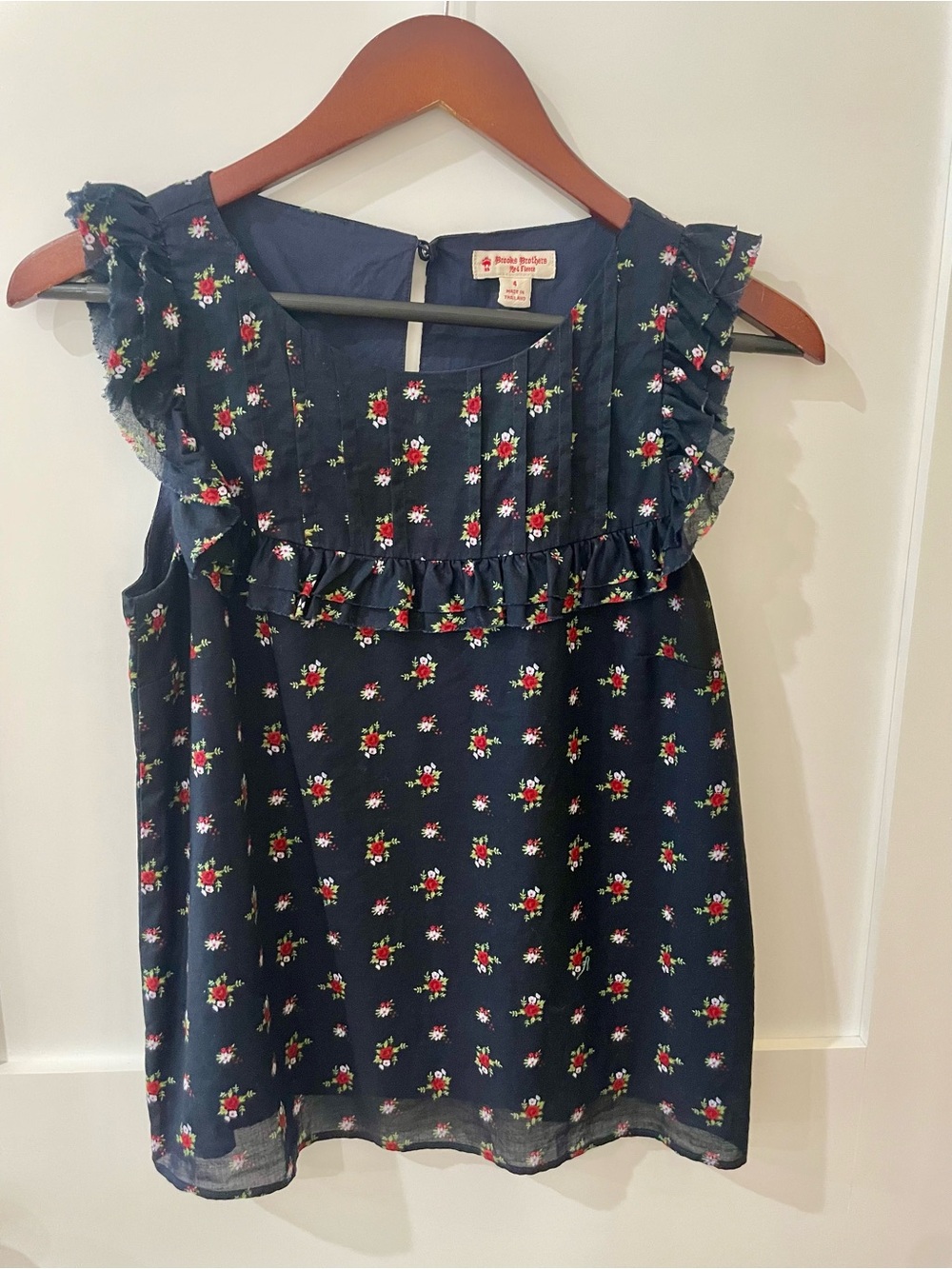 Brooks Brothers Navy Floral Ruffle-Sleeve Blouse